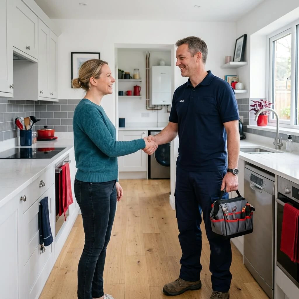 Local Manchester plumber shaking hands with a homeowner after completing plumbing work